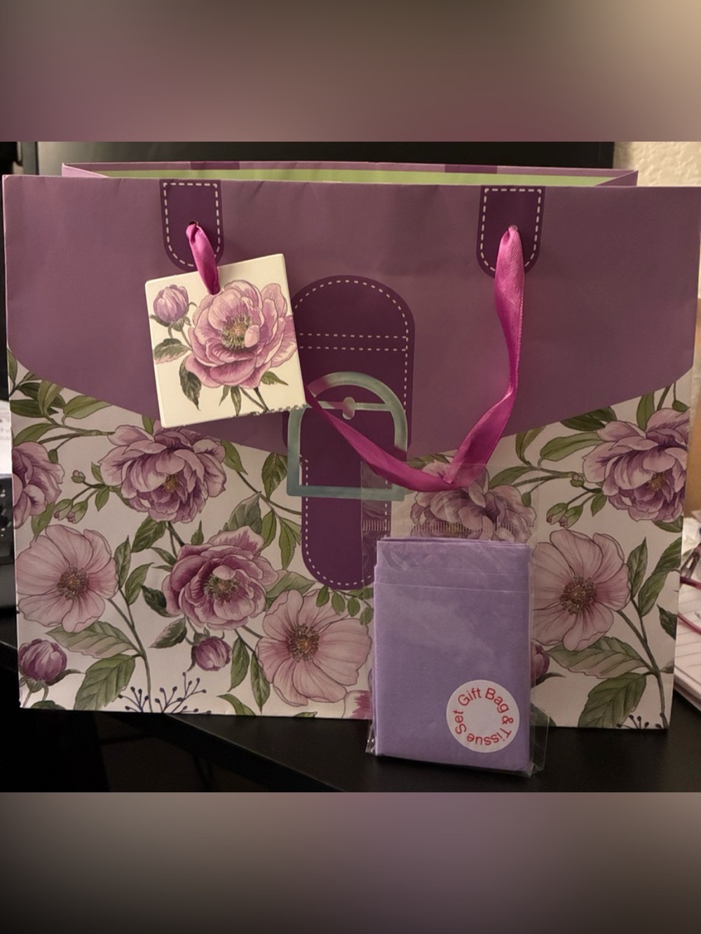2 Floral Gift Bag Sets with Satin Ribbon Handles, Tissue Paper and Small Card